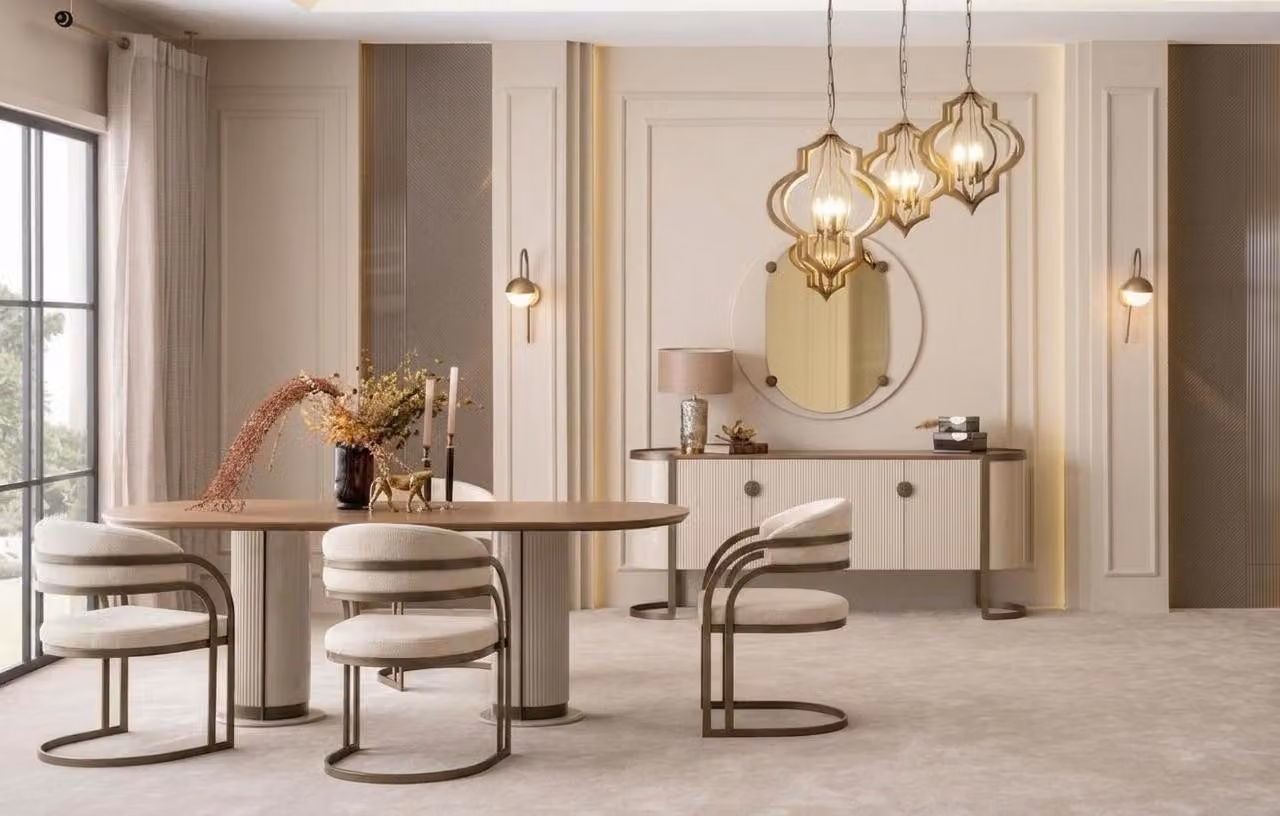 Set da pranzo grande tavolo da pranzo, 4 sedie, credenza e specchio in stile moderno