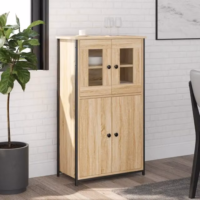Credenza Buffet Armadio da Cucina Design Mania in Legno Multistrato Rovere Sonoma Marrone con Ante in Vetro L/P/H: 62 x 32 x 106,5 cm