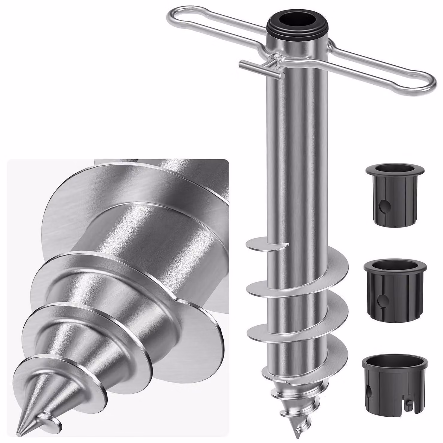 Supporto per ombrellone da spiaggia in acciaio con base a spirale, resistente al vento, adatto per alberi da ombrellone di diametro 2,5-5,1 cm, completo di 3 adattatori