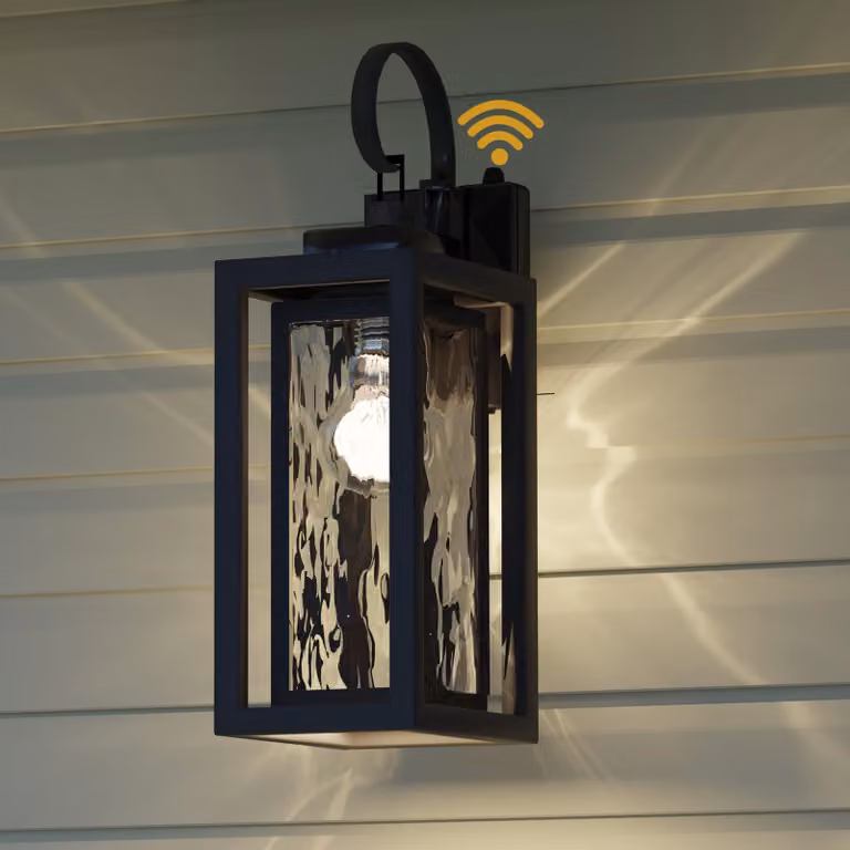 Lampada da parete esterna con sensore di luce, attacco E27, vetro effetto ondulato, 60 W, colore nero