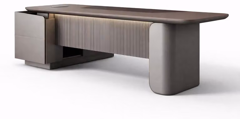 Scrivania da ufficio moderna, caratterizzata da un'elegante superficie in legno e un design raffinato