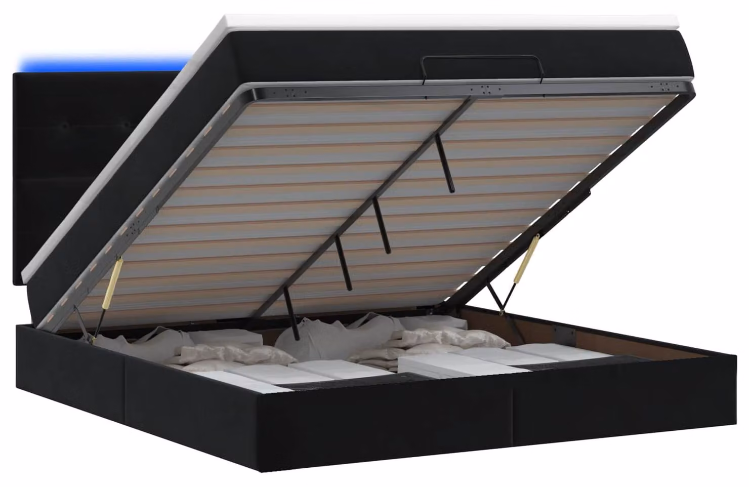 Panca contenitore con materasso e illuminazione LED, colore nero, 160 x 200 cm, rivestita in velluto