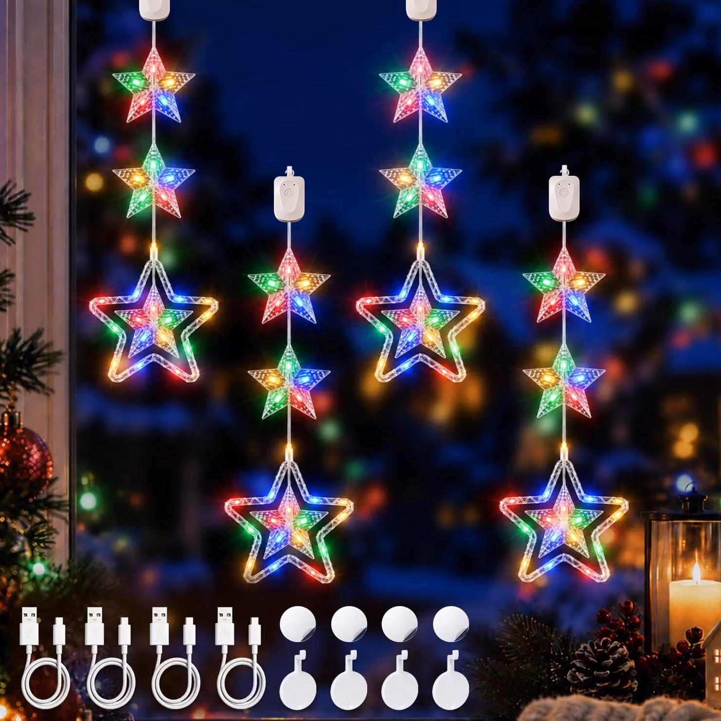 Candele a LED a forma di stella per finestre, set da 4, ricaricabili, multicolore