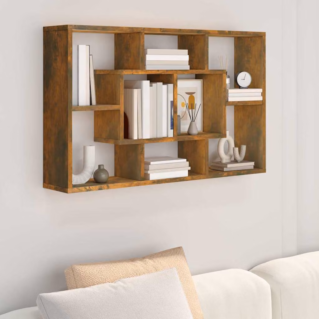 vidaXL Mensola a Muro in Legno Multistrato Rovere Fumo con Pannello Posteriore L: 85 cm, P: 16 cm, H: 52,5 cm