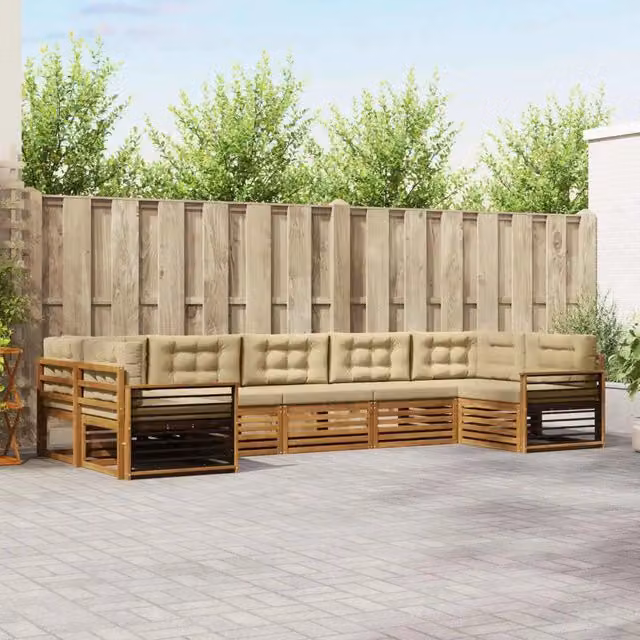 Set di divani da esterno a L vidaXL in legno di acacia con cuscini, Beige e Marrone
