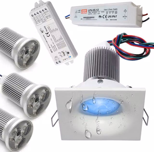 KIT 3 faretti cromoterapia LED RGB IP65 incasso box doccia 27W 12V centralina smart WiFi google alexa sauna QUADRATO