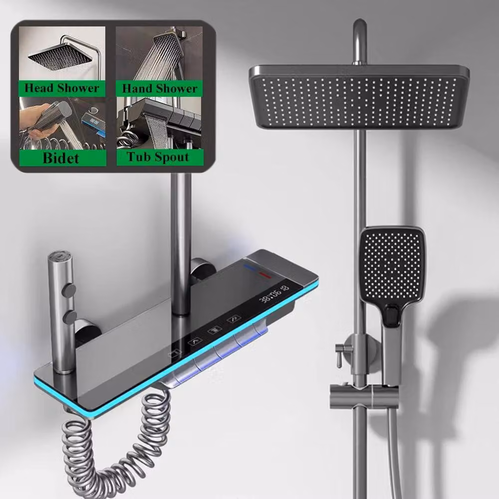 Sistema doccia e set doccia - Piano Key 4 - 4 getti - Soffione a pioggia e doccetta - Display digitale della temperatura - Montaggio a parete - Grigio canna di fucile