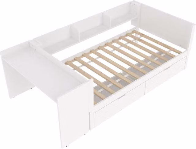 Letto singolo in legno di pino 90x200 cm con scrivania, 2 cassetti e scaffali, colore bianco