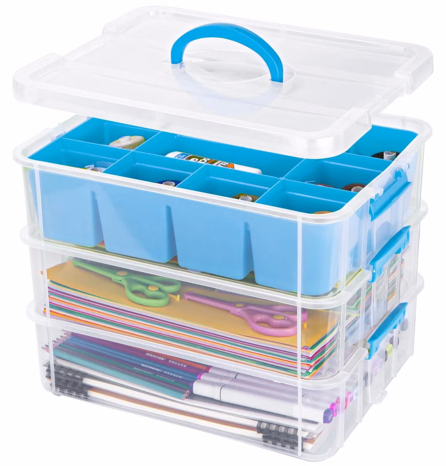 Contenitore impilabile a 3 livelli, trasparente, dimensioni 35x26,5x28 cm