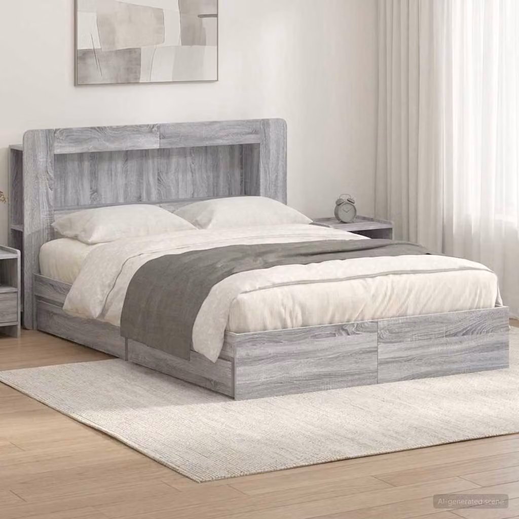vidaXL Telaio del letto moderno con cassetti in legno Sonoma, colore grigio, L/P/H: 200 x 140 x 153,5 cm