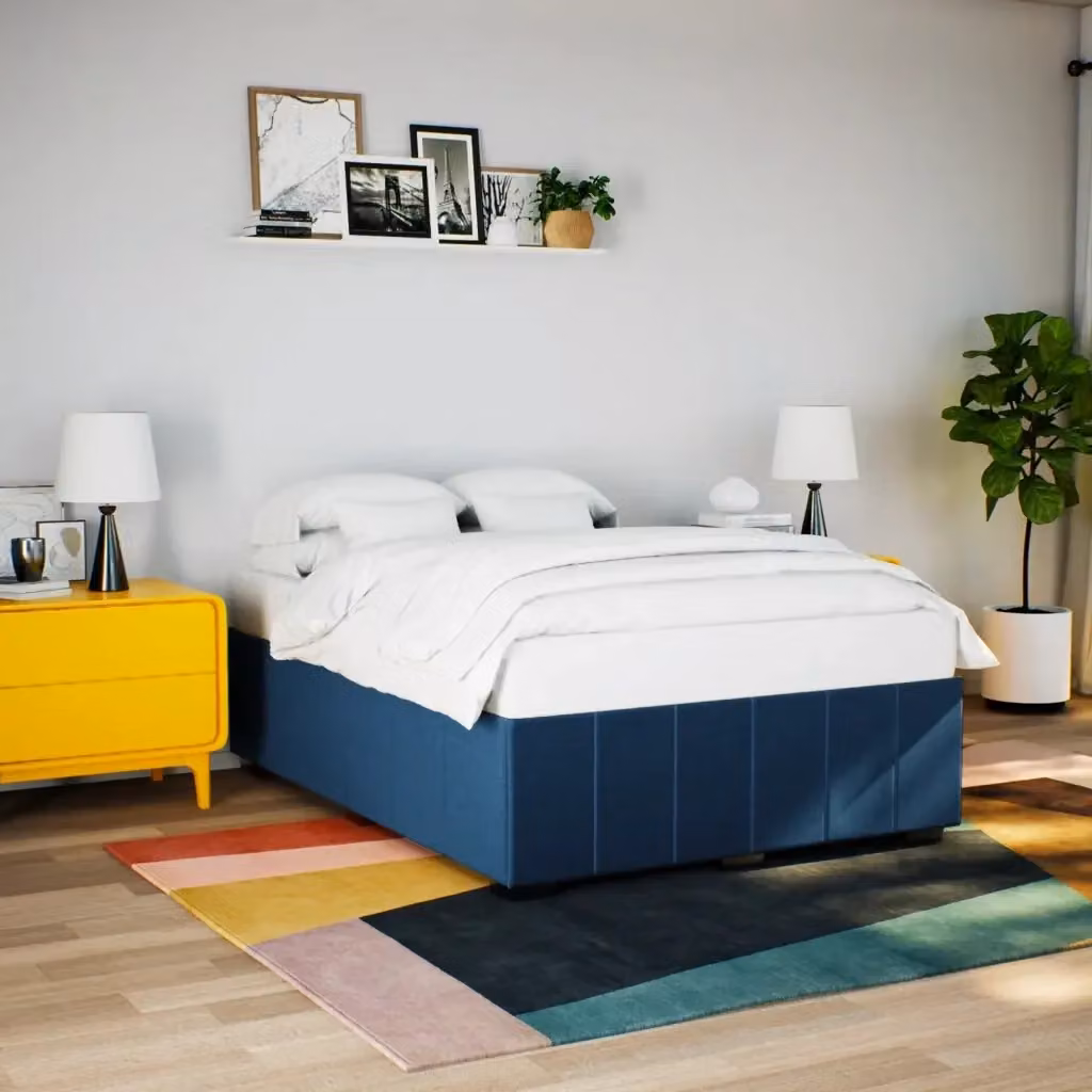 Letto matrimoniale per adulti in tessuto blu con struttura in legno di pino e doghe in legno L/P/H: 140 x 200 cm – 2