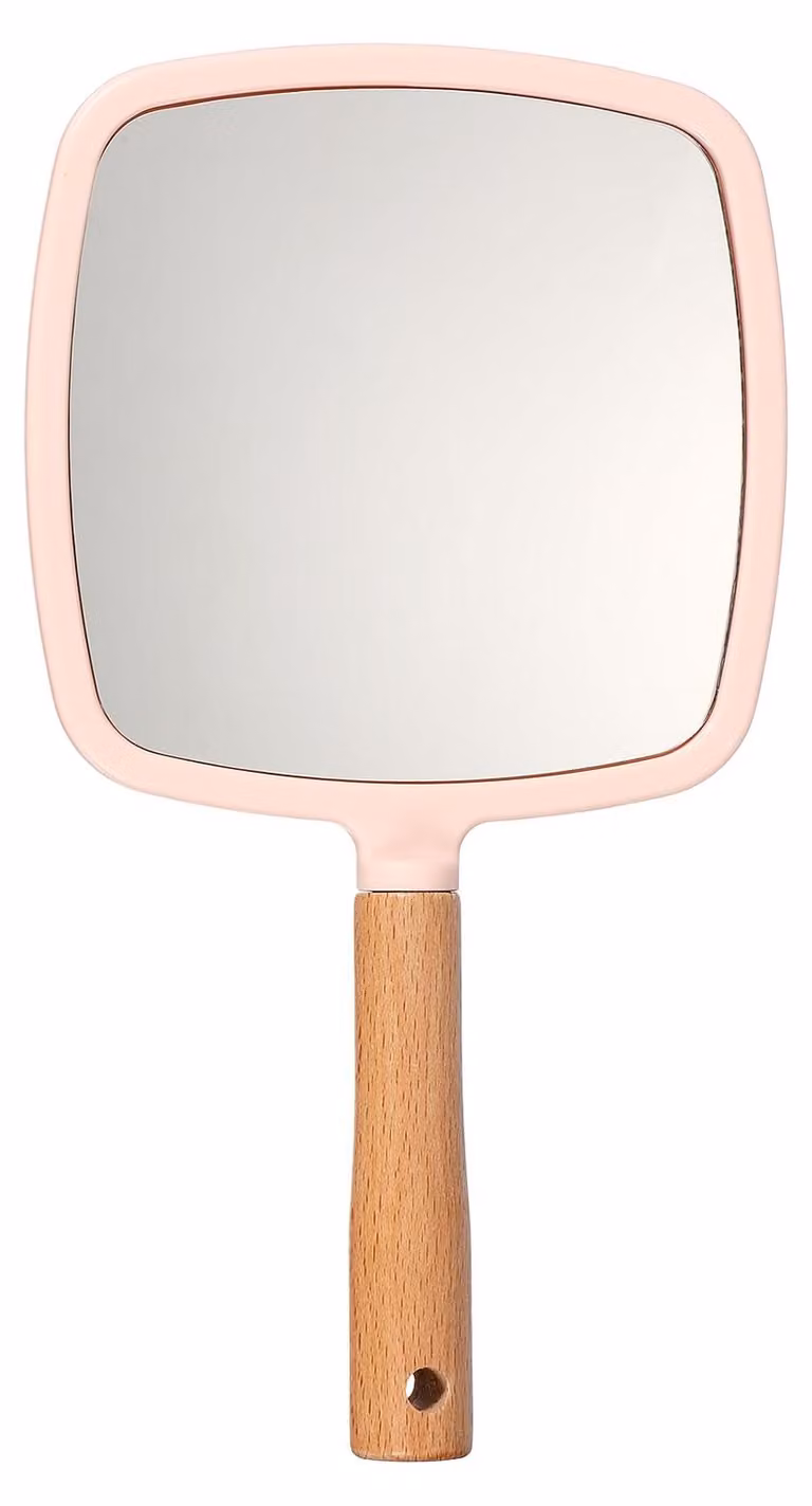 Maniglia quadrata in legno con specchio, color rosa, 25x13,9 cm