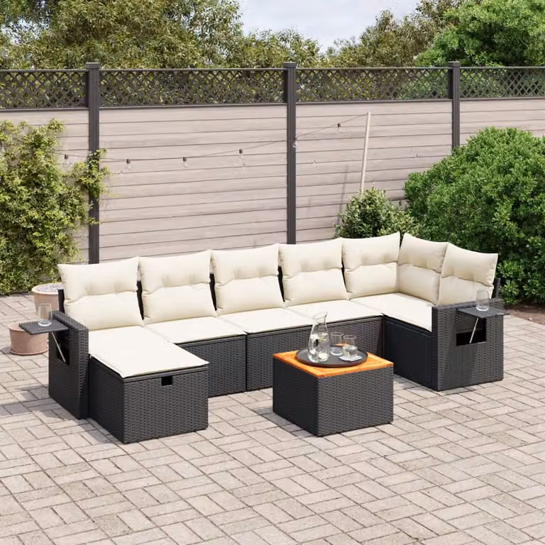 Set di divani da giardino vidaXL a forma di L con 8 pezzi, colore nero e bianco, in polyrattan con cuscini inclusi e struttura in acciaio verniciato a polvere