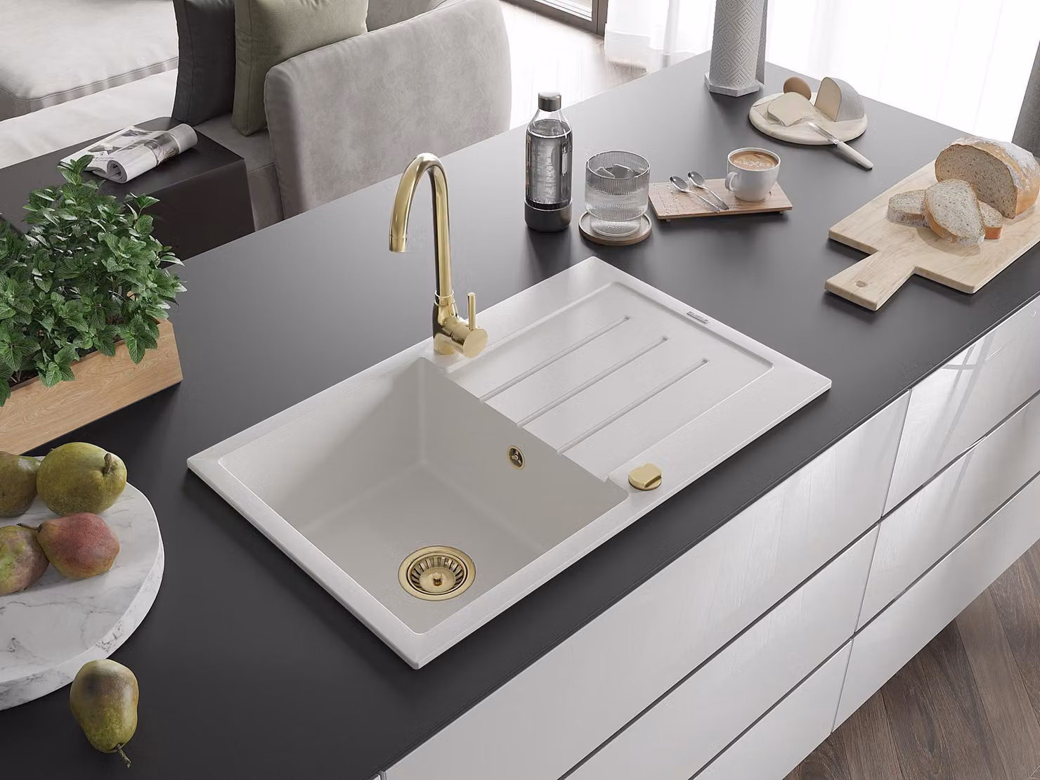 Mexen Bruno lavello in granito a 1 vasca con sgocciolatoio 795 x 495 mm, bianco, sifone dorato - 6513791010-20-G