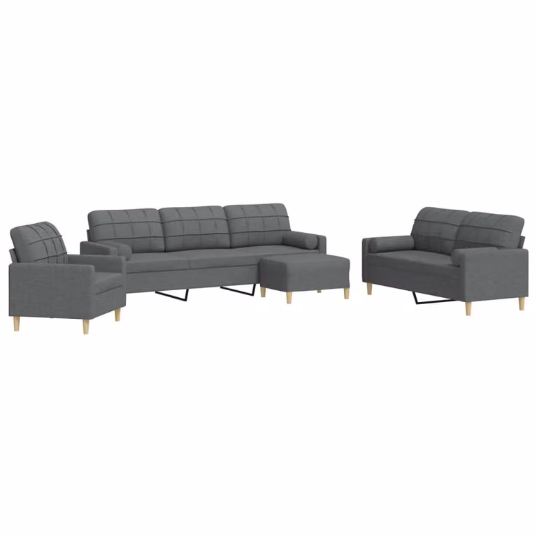 Set Divani 4 pz con Poggiapiedi e Cuscini Grigio Scuro Tessuto
