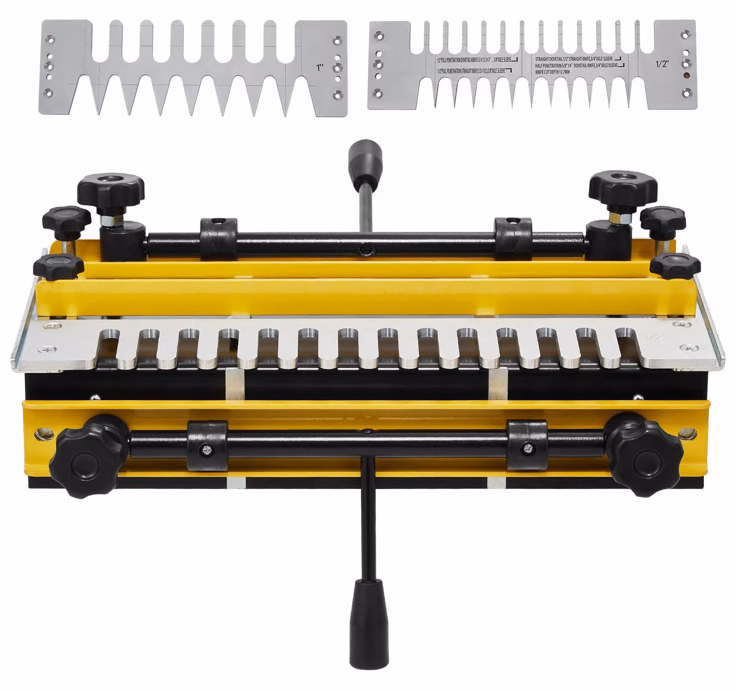 Macchina fresatrice a zanche SucceBuy, con una larghezza di lavoro di 31 cm, dotata di 4 teste fresanti e 3 guide, per un allineamento preciso delle giunzioni a zanche, ideale per la produzione di mobili e armadi