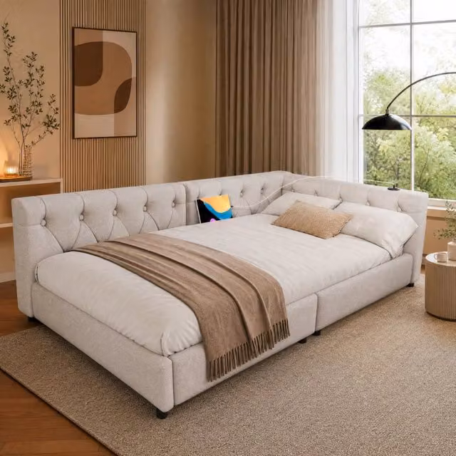 Letto daybed moderno in lino beige con illuminazione LED e porte di ricarica USB e Type-C, L/P/H: 213 x 90 x 103 cm