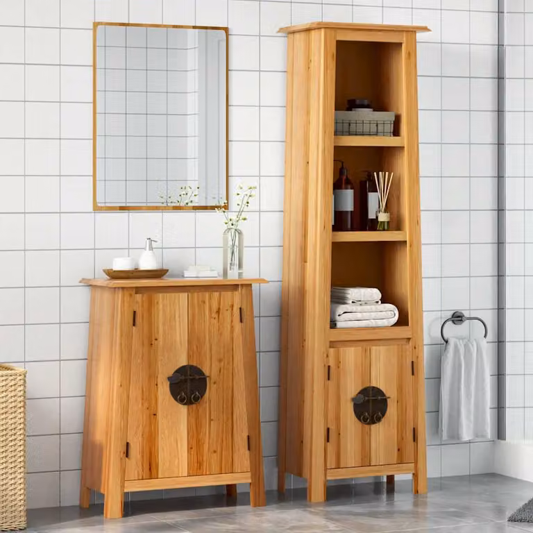 Set di mobili da bagno vidaXL in legno di pino marrone stile rustico composto da un armadio alto e un mobile laterale con ante a battente e ripiani interni