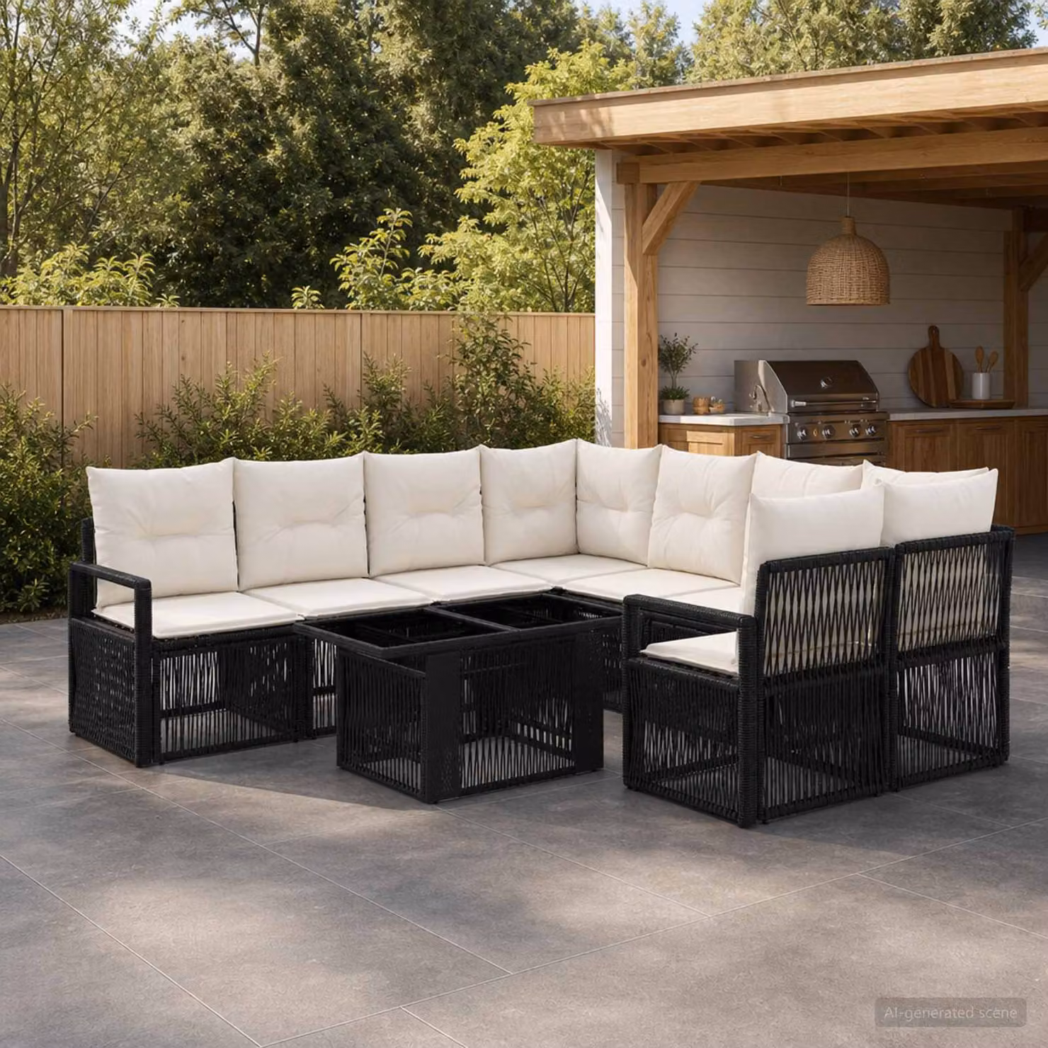 Set Divano da Giardino vidaXL 9 pz in Polyrattan con Cuscini, Colore Nero e Bianco Crema