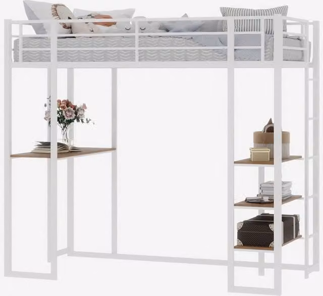 Letto a soppalco singolo in metallo bianco con scrivania e scale, L/P/H: 190 x 90 cm