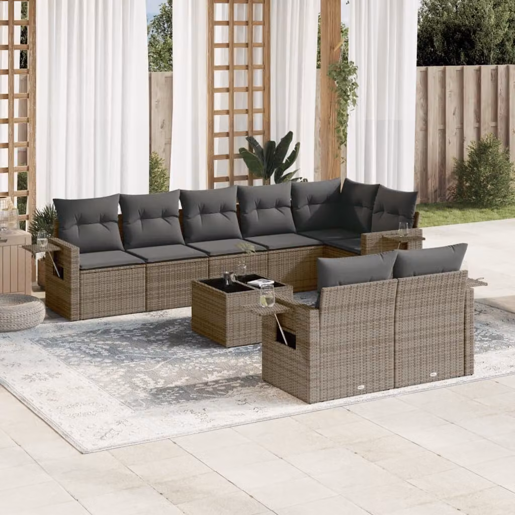 Set Divano da Giardino vidaXL 9 pz in Polyrattan Grigio con Cuscini e Tavolino – 1