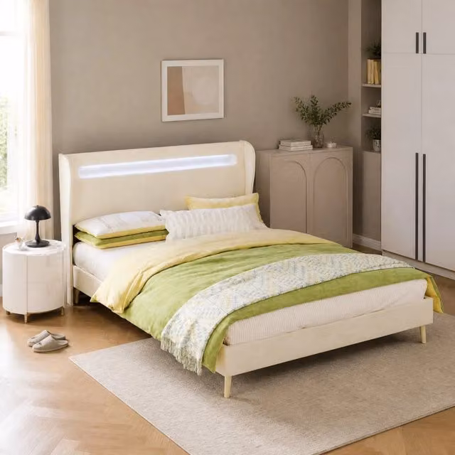 Letto matrimoniale con LED regolabile 140x200 cm in tessuto e metallo; beige
