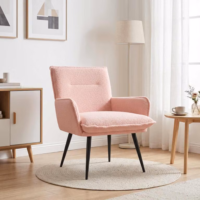 Poltrona moderna vidaXL in tessuto bouclé rosa con braccioli e struttura in legno e metallo