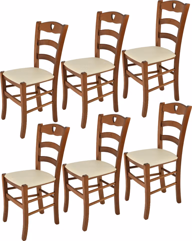 t m c s Tommychairs - Set di 6 sedie CUORE per cucina e sala da pranzo, struttura robusta in legno di faggio laccato nel colore noce chiaro e sedile imbottito rivestito in Pelle finta nel colore avorio