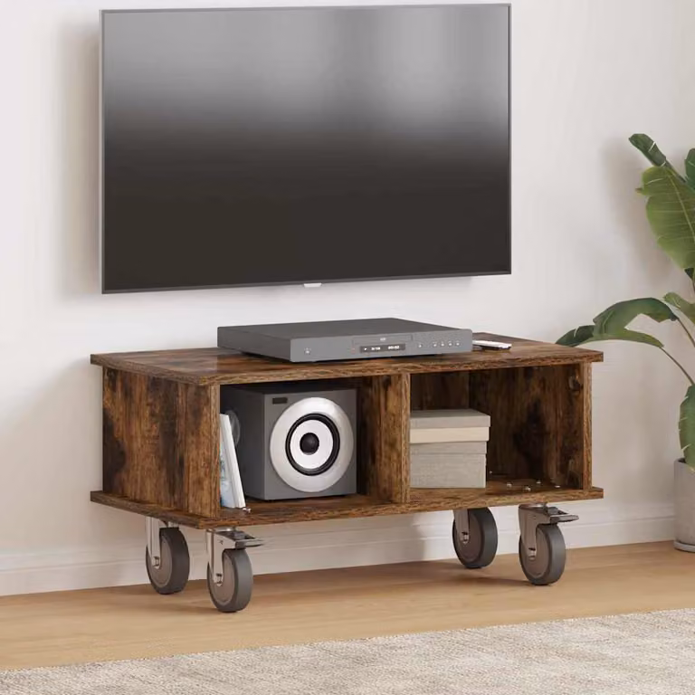 vidaXL Supporto TV moderno in legno ingegnerizzato color rovere fumé con ruote L 68,5 x P 35 x H 35 cm
