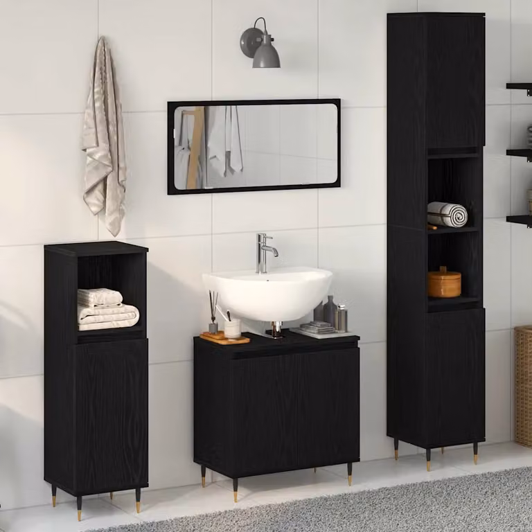 Set di mobili per il bagno vidaXL in 3 pezzi, stile mid-century, colore nero, composto da mobile lavabo, mobile alto e mobile laterale, H: 190 cm, L: 30 cm, P: 30 cm