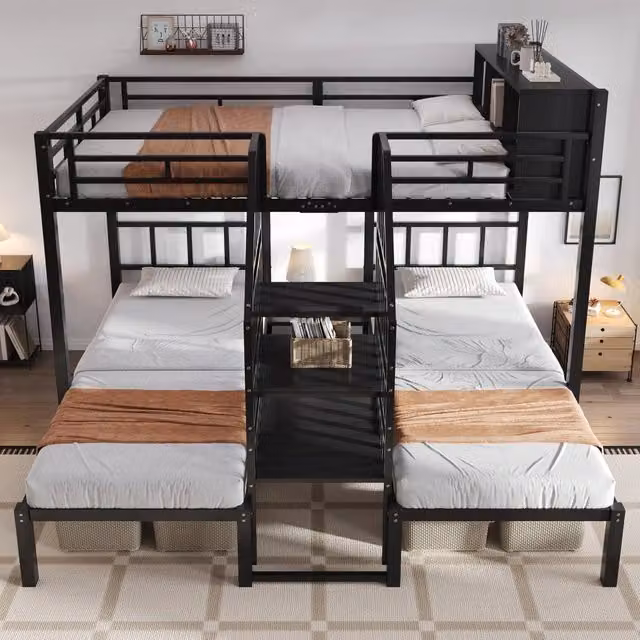 Letto a castello triplo 90 x 200 e 140 x 200 cm; scala con corrimano e contenitore; struttura in ferro nero