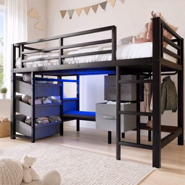 Letto a mezza altezza 90x200 cm in metallo nero con LED, cassetti e tasche