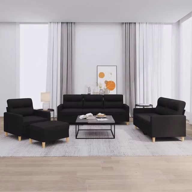 Set di divani moderno vidaXL in tessuto nero composto da un divano a 3 posti, un divano a 2 posti, un pouf e cuscini decorativi – 1
