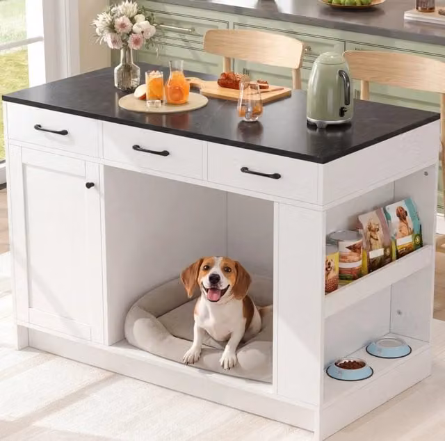 Carrello da cucina bianco con area per animali domestici
