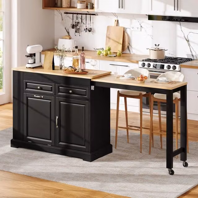 Carrello da cucina con piano estraibile, vano pattumiera, 2 cassetti e ripiani, per cucina e sala da pranzo, nero