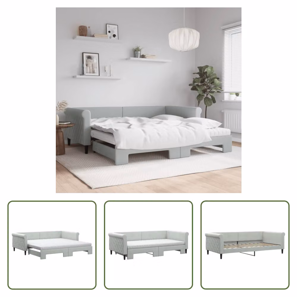 The Living Store Letto da giorno allungabile con materassi grigio chiaro 100x200 cm in velluto