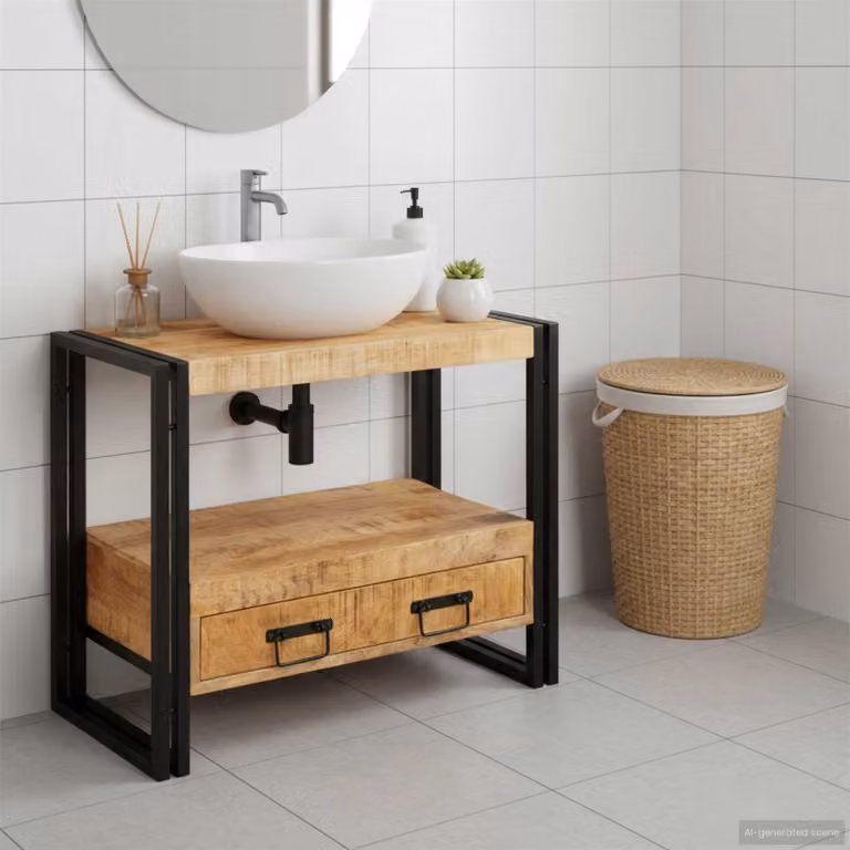 Armadio da bagno moderno vidaXL in legno di mango massello marrone e nero con cassetti e ripiani interni L/P/H: 71 x 33 x 58 cm