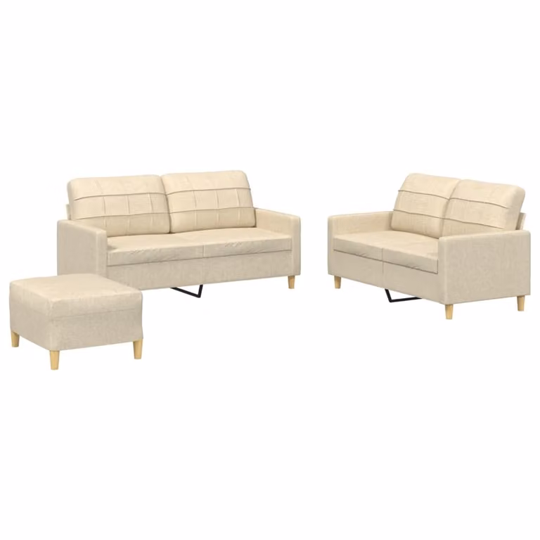 Set di Divani 3 pz con Cuscini Crema in Tessuto