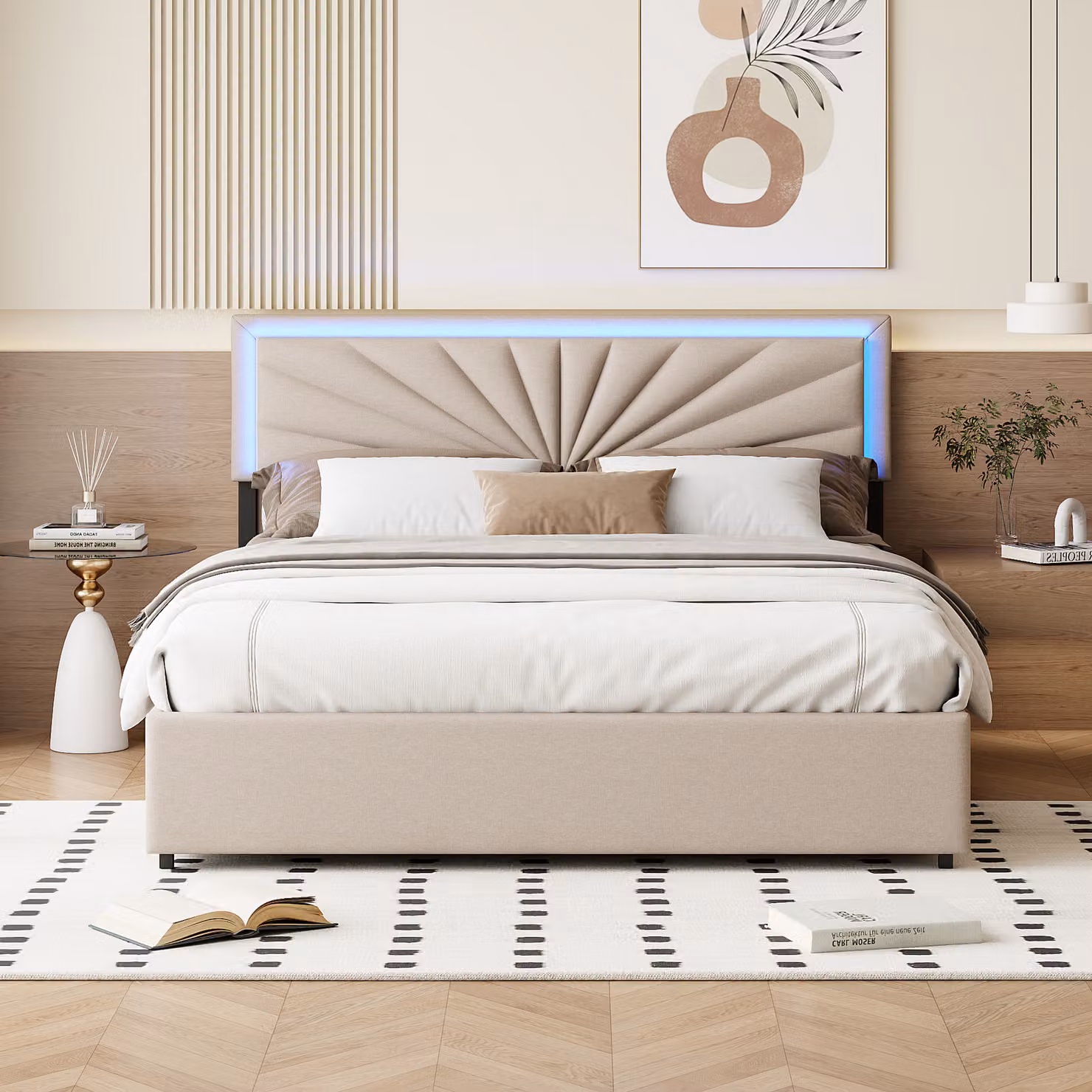 Letto matrimoniale 160 x 200 cm con rete a doghe e 4 cassetti, con illuminazione LED, robusto e stabile, beige