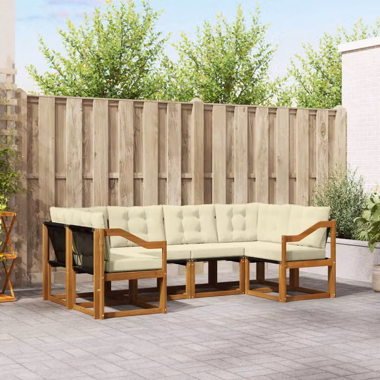 Set di divani da esterno a L vidaXL in legno di acacia con cuscini beige e marrone