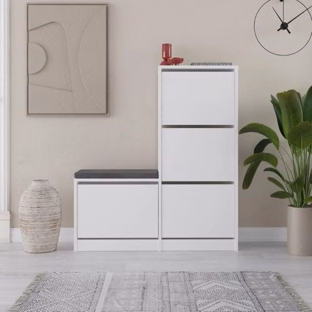 Scarpiera con panca Dude con 4 ante a ribalta colore bianco