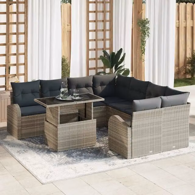 Set Divano da Giardino Moderno vidaXL a Forma a U in 9 Pezzi Grigio con Tavolino e Cuscini