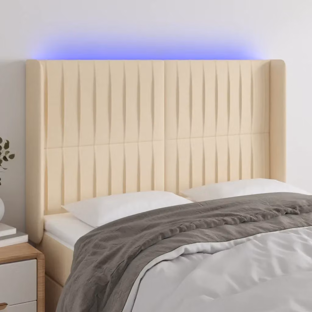 Testiera con illuminazione LED e porta di ricarica USB in tessuto beige, L: 147 cm, P: 16 cm, H: 118/128 cm – 2
