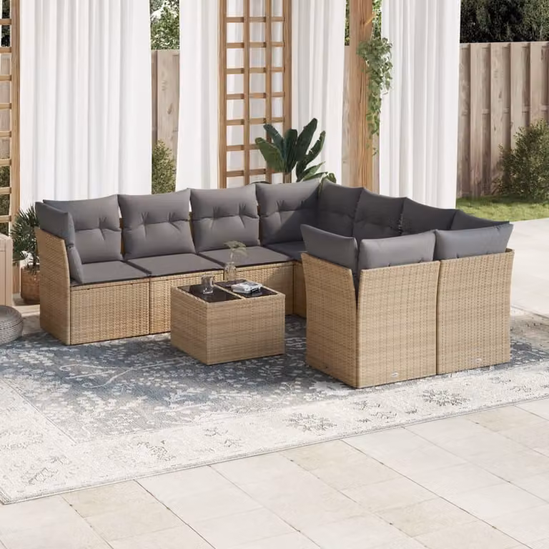 Set Divano da Giardino vidaXL 9 pz a Forma a L con Cuscini Beige e Tavolino da Caffè in Polyrattan e Metallo