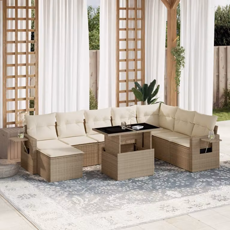 vidaXL Set Divano da Giardino 9 pz a Forma a L con Cuscini Beige e Tavolino in Polyrattan e Metallo