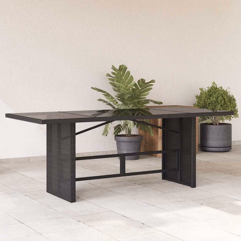 vidaXL Tavolo da Giardino Moderno in Polyrattan con Piano in Vetro Nero L: 190 cm, P: 80 cm, H: 74 cm