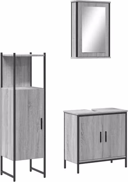 Set Mobili da Bagno Moderno Grigio in Legno e Metallo composto da Mobile Lavabo, Armadietto con Specchio e Colonna Alta