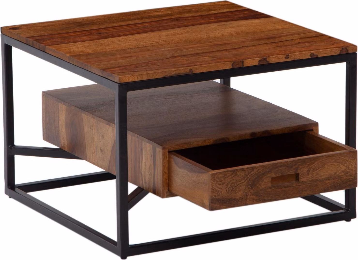 Tavolino 60x60x40 cm in legno massiccio di sheesham / tavolino in metallo quadrato | Wohnling