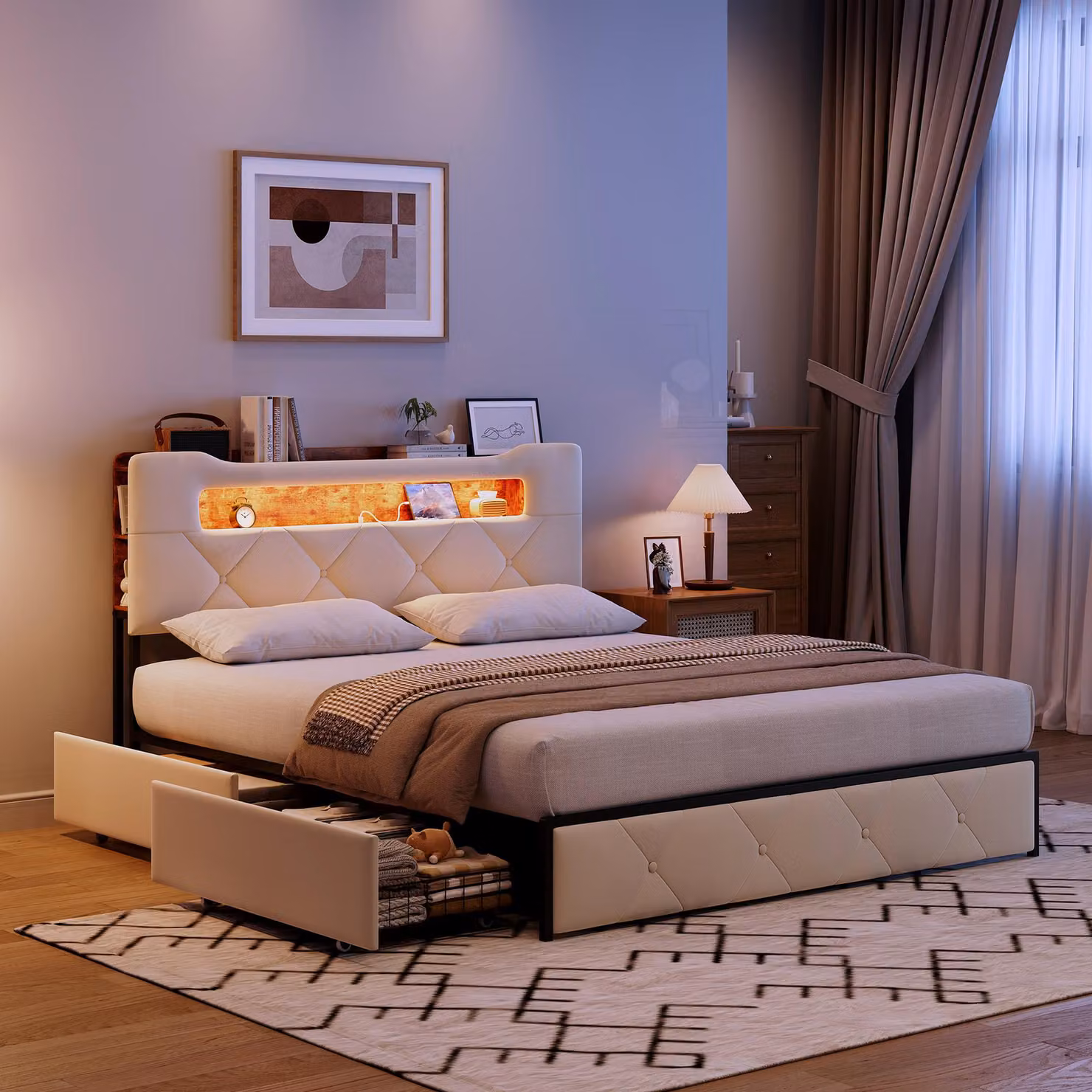 UnboxG Letto imbottito 140x200cm con funzione di ricarica, LED, USB e Type-C, letto matrimoniale con rete a doghe e 4 cassetti, letto contenitore, velluto, beige