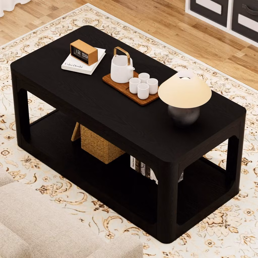 Tavolino da caffè moderno WISHDOR in MDF nero opaco con ripiano rettangolare e angoli arrotondati, L: 100 cm, P: 50 cm, H: 44,5 cm – 2